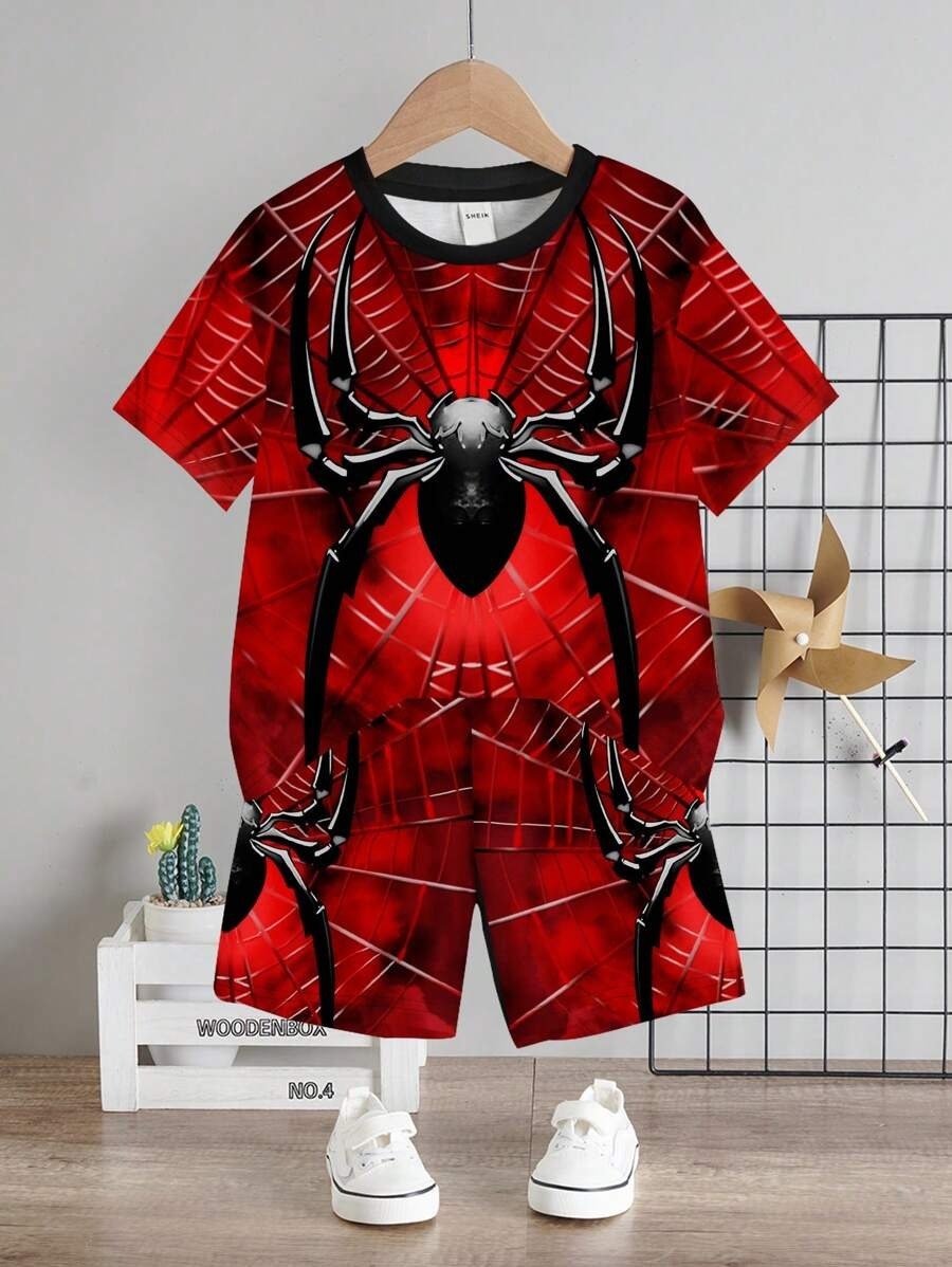 BF-0240.jpg Kids Red Spider Web T-Shirt and Shorts Set - Image 1
