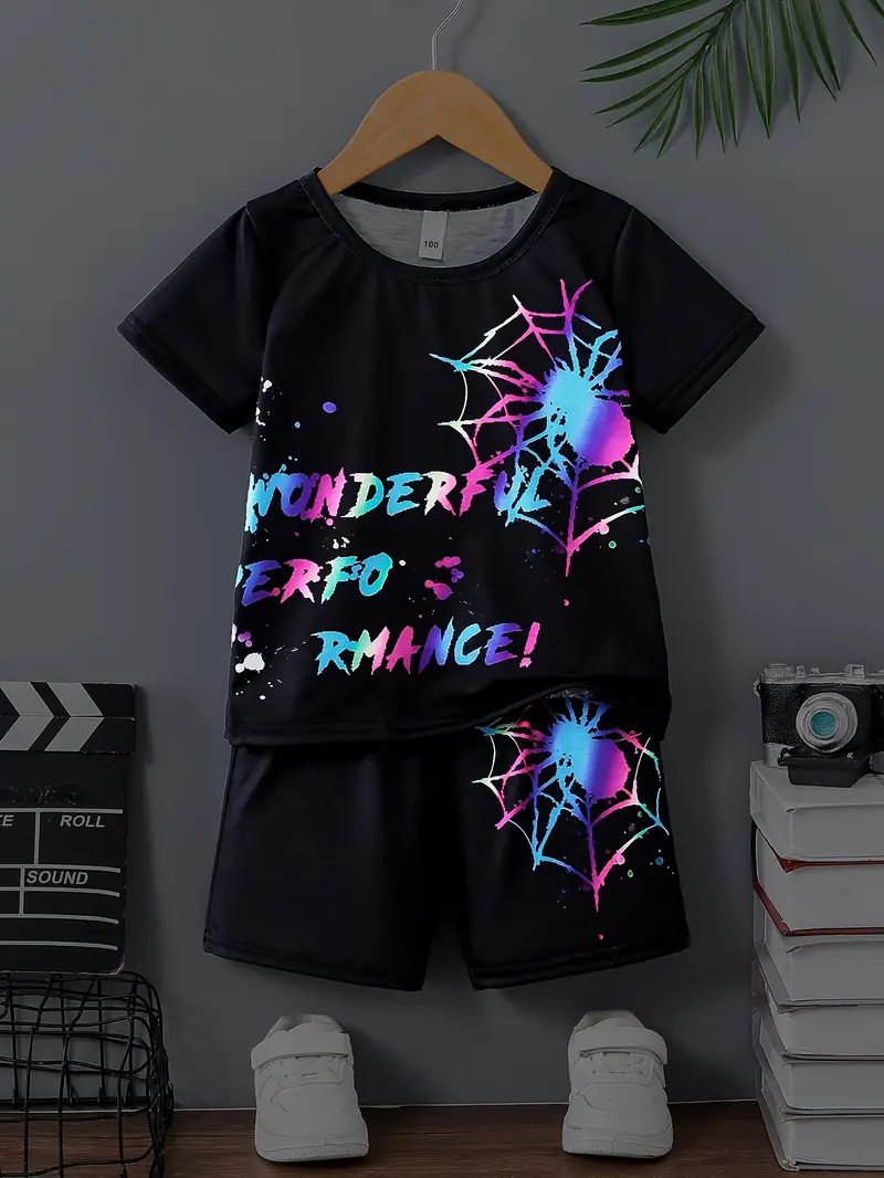 BF-0264.jpg Kids Black Spider Web T-Shirt Shorts Set - Image 1