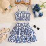 Blue and White Floral Two Piece Skirt Set - Image 2