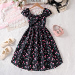 Girls Black Floral Short Sleeve Dress