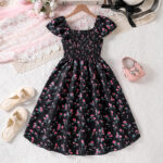 Girls Black Floral Short Sleeve Dress - Image 2