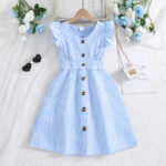 Blue Striped Button Front Ruffle Dress