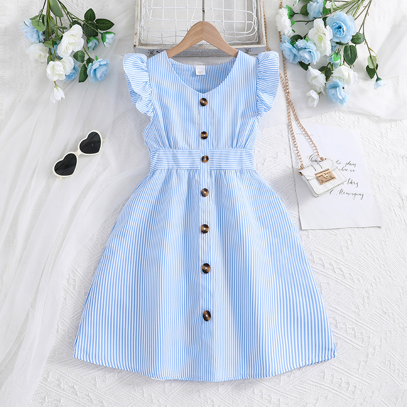 FG-2603074-75-2.jpg Blue Striped Button Front Ruffle Dress - Image 1