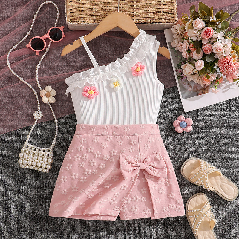 FG-2603098-2.jpg Girls Floral One Shoulder Top and Skirt Set - Image 1