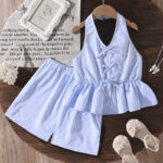 Girls Blue Striped Sleeveless Top and Shorts Set