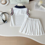 Girls White Polo Top and Pleated Skirt Set - Image 2