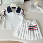 Girls White Polo Top and Pleated Skirt Set