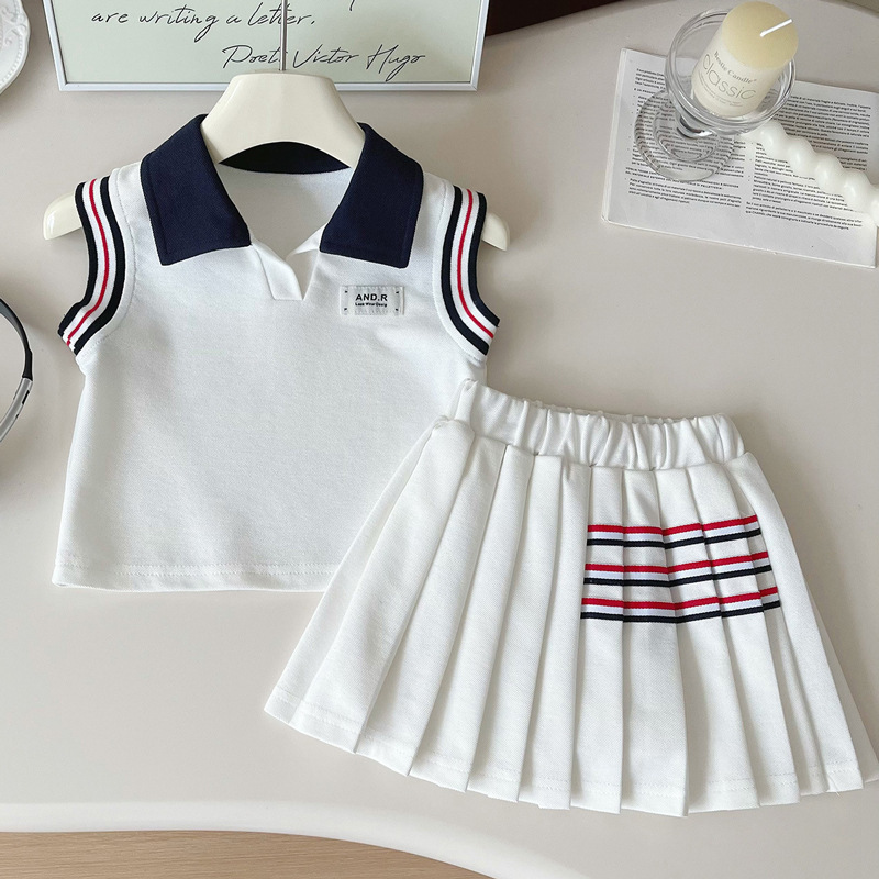 FG-2603141-5.jpg Girls White Polo Top and Pleated Skirt Set - Image 1