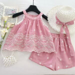 Girls Pink Floral Embroidered Shorts Set