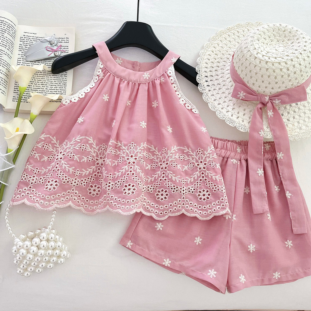 FG-2603151-1.jpg Girls Pink Floral Embroidered Shorts Set - Image 1