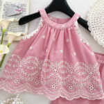 Girls Pink Floral Embroidered Shorts Set - Image 3