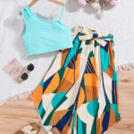 Mint One Shoulder Crop Top and Abstract Pants Set