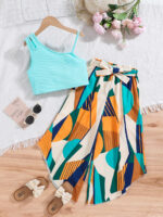 Mint One Shoulder Crop Top and Abstract Pants Set