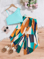 Mint One Shoulder Crop Top and Abstract Pants Set - Image 2