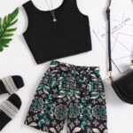 Black Crop Top and Floral Print Shorts Set
