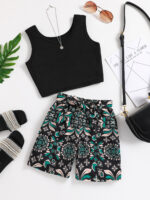 Black Crop Top and Floral Print Shorts Set