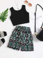 Black Crop Top and Floral Print Shorts Set - Image 2