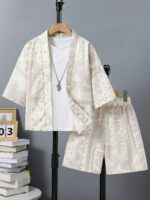 Men's Paisley Kimono Shorts Set Beige
