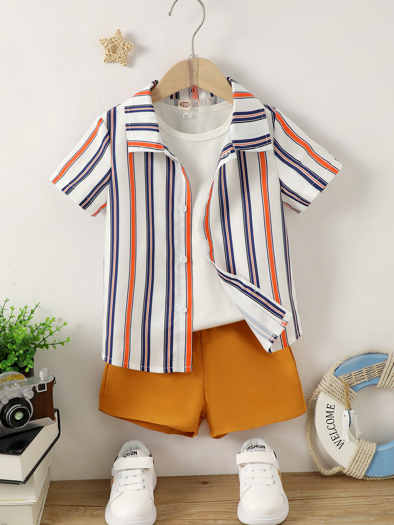 FG-2603256-1.jpg Kids Striped Shirt and Mustard Shorts Set - Image 1