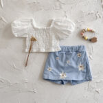 Girls White Top and Blue Floral Shorts Set - Image 2