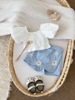 Girls White Top and Blue Floral Shorts Set - Image 3