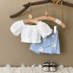 Girls White Top and Blue Floral Shorts Set
