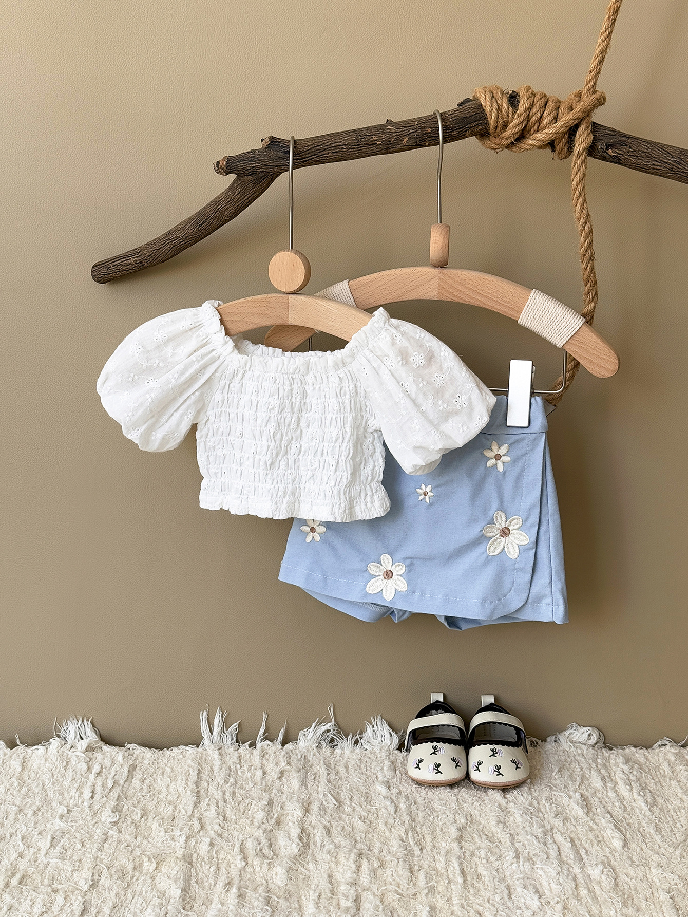 LB-2602003-3.jpg Girls White Top and Blue Floral Shorts Set - Image 1