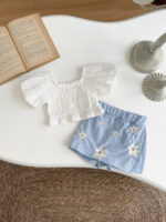 Girls White Top and Blue Floral Shorts Set - Image 5