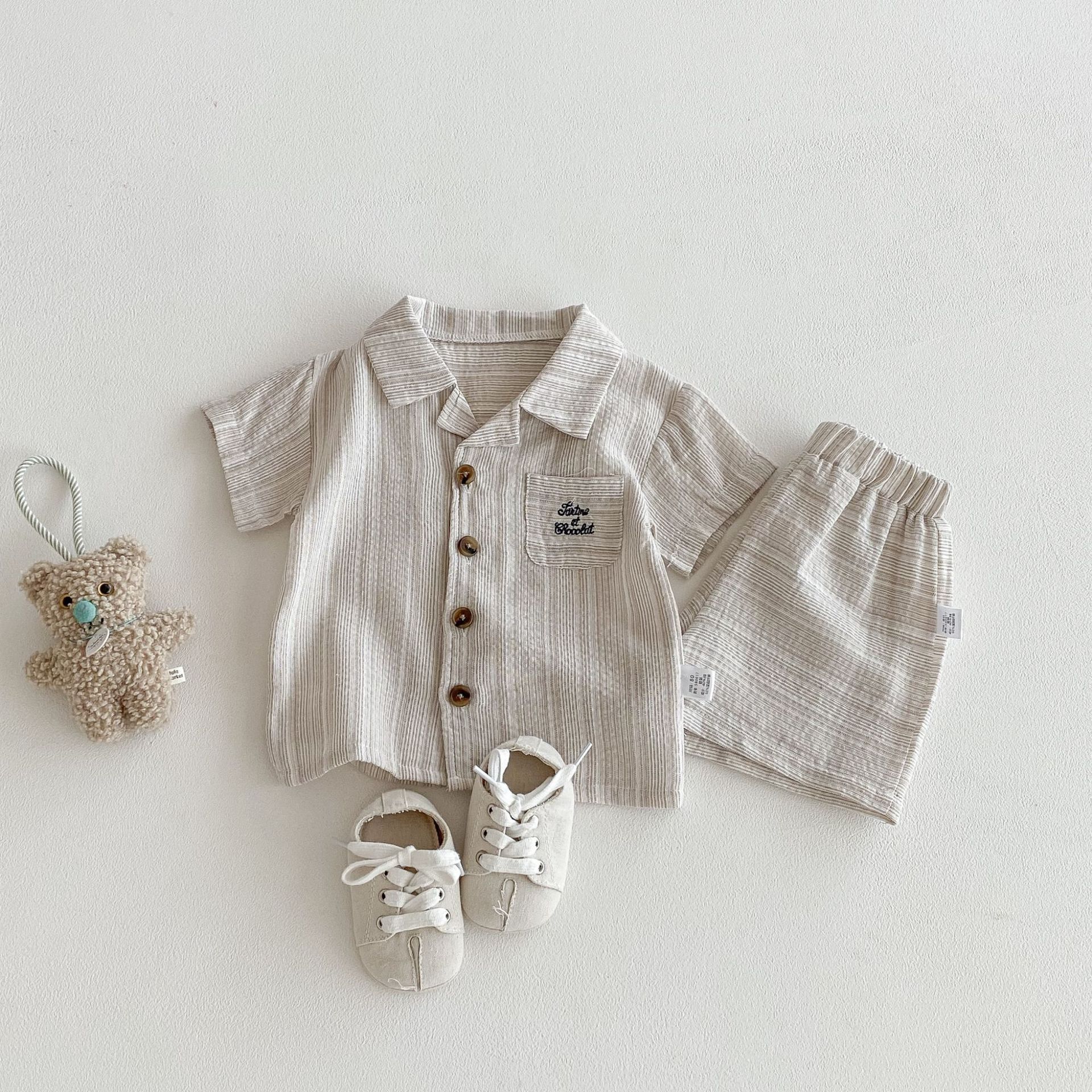 LB-2602098-099-2.jpg Baby Beige Striped Shirt and Shorts Set - Image 1