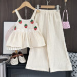 Girls Cream Strawberry Top and Pants Set