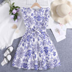 Girls White and Blue Floral Dress