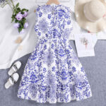 Girls White and Blue Floral Dress - Image 4