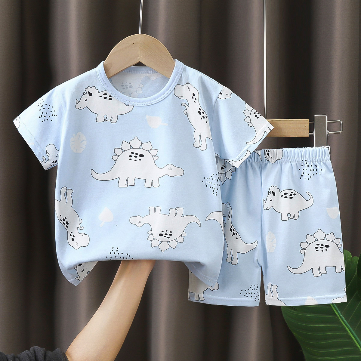 M-2619.jpg Kids Blue Dinosaur Print Pajama Set - Image 1