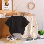 Kids Black T-Shirt and White Pants Set - Image 2
