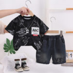 Kids Black Graphic T-Shirt and Denim Shorts Set