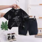 Kids Black Graphic T-Shirt and Denim Shorts Set - Image 3