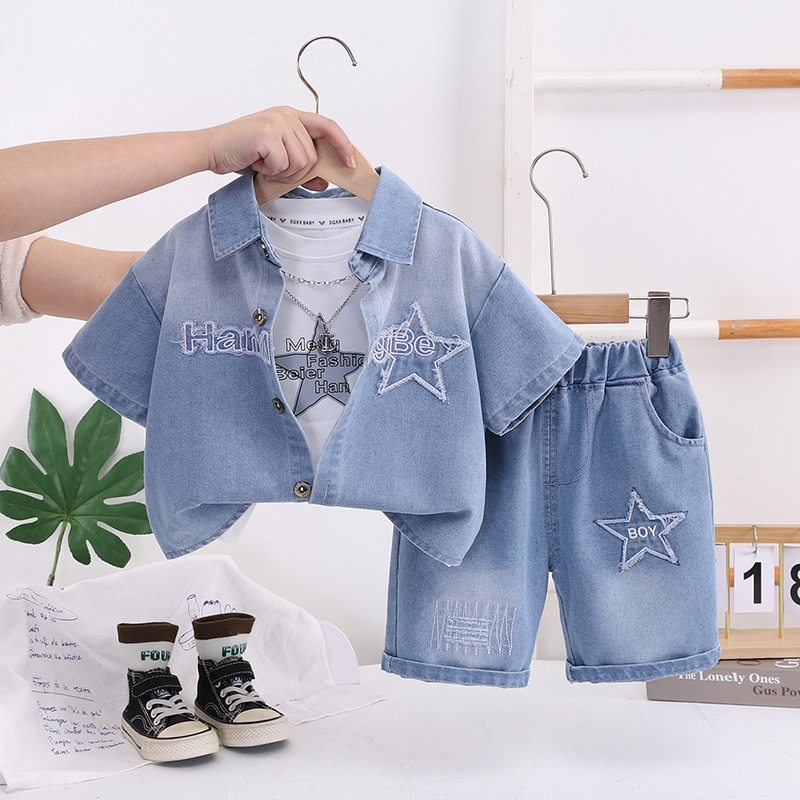 N283-181-2.jpg Boys Blue Denim Shirt and Shorts Set - Image 1