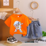 Kids Astronaut Orange T-Shirt and Denim Shorts Set