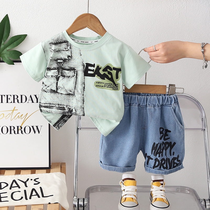 N283-340-1.jpg Kids Graphic T-Shirt and Denim Shorts Set - Image 1