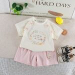 Girls Cream T-Shirt and Pink Shorts Set