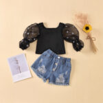 Girls Black Polka Dot Top and Denim Shorts Set