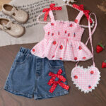 Girls Strawberry Gingham Top and Denim Shorts Set