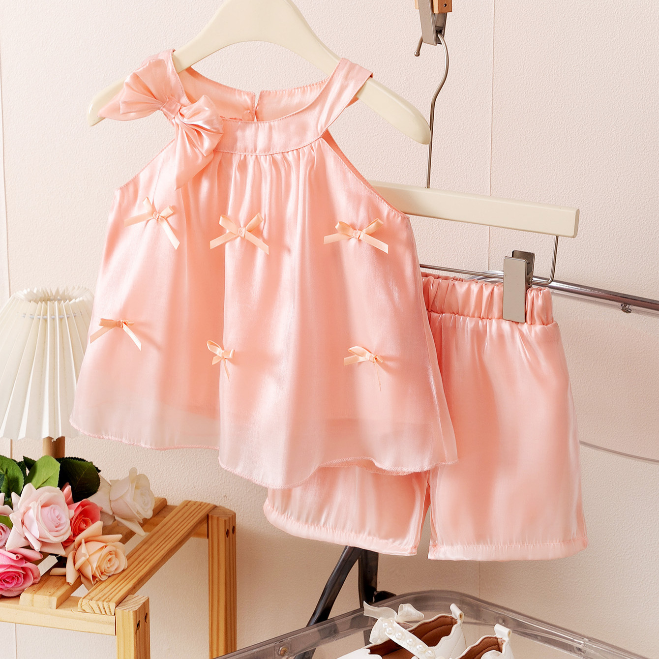 N284-016-2.jpg Girls Pink Satin Bow Top and Shorts Set - Image 1