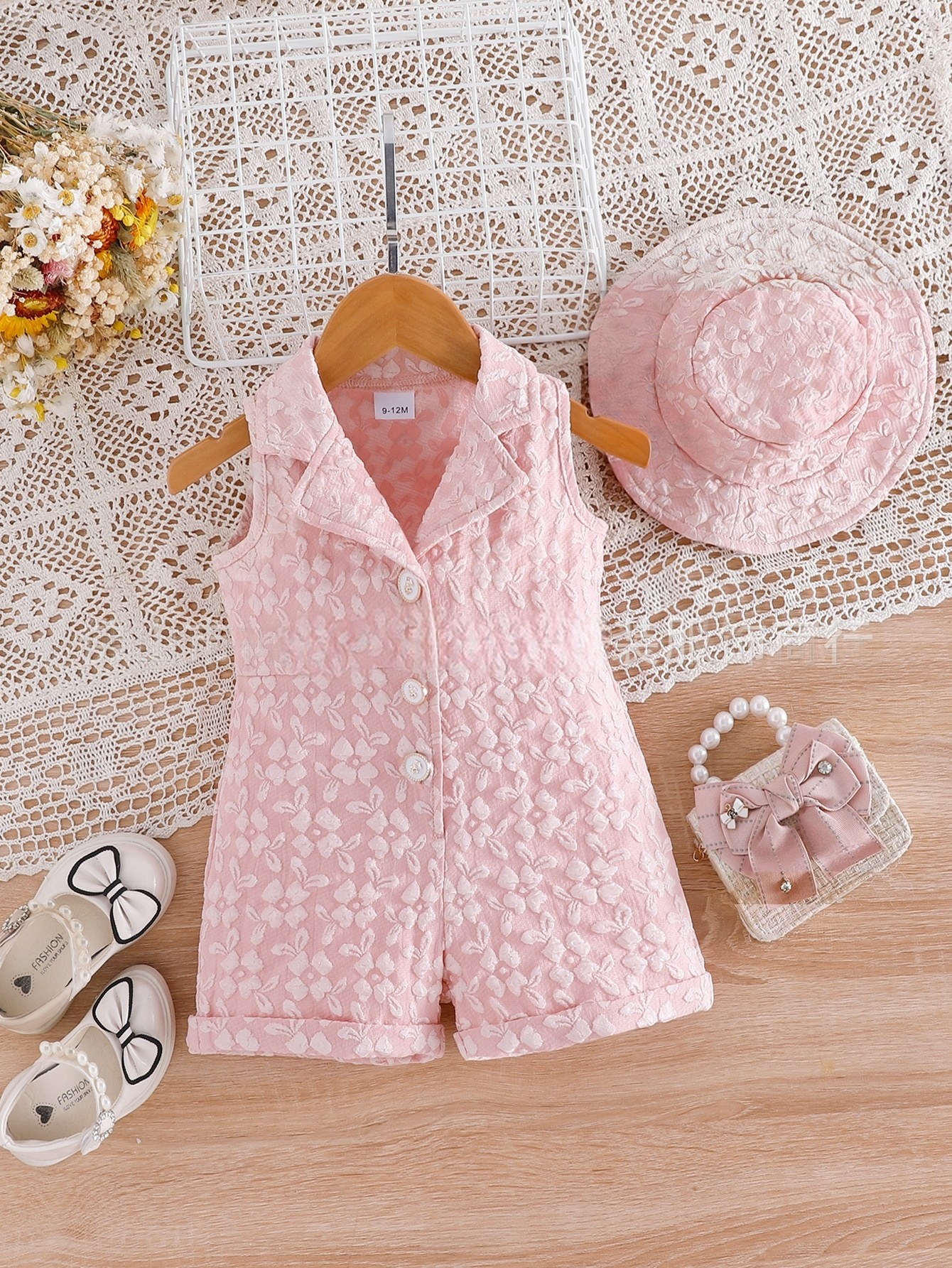 N284-291-1.jpg Baby Girls Pink Floral Romper and Hat Set - Image 1