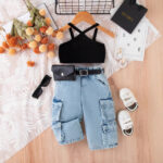 Girls Black Crop Top and Denim Shorts Set