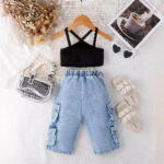 Girls Black Crop Top and Denim Shorts Set - Image 2