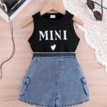 Girls Mini Black Tank and Denim Skirt Set