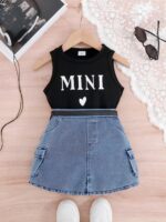 Girls Mini Black Tank and Denim Skirt Set