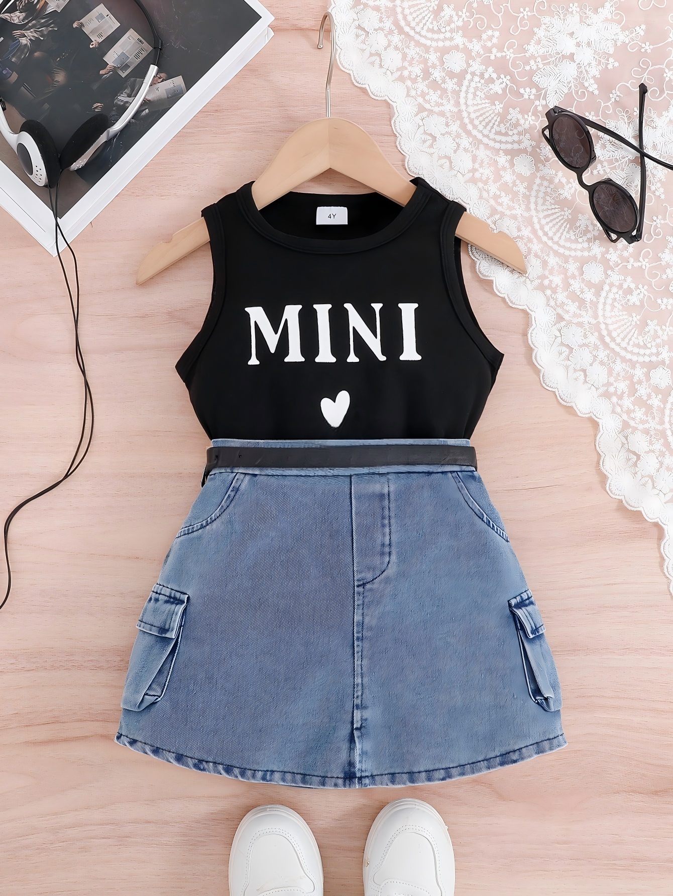 N284-307-308-1.jpg Girls Mini Black Tank and Denim Skirt Set - Image 1