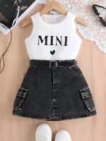 Girls Mini Black Tank and Denim Skirt Set - Image 2